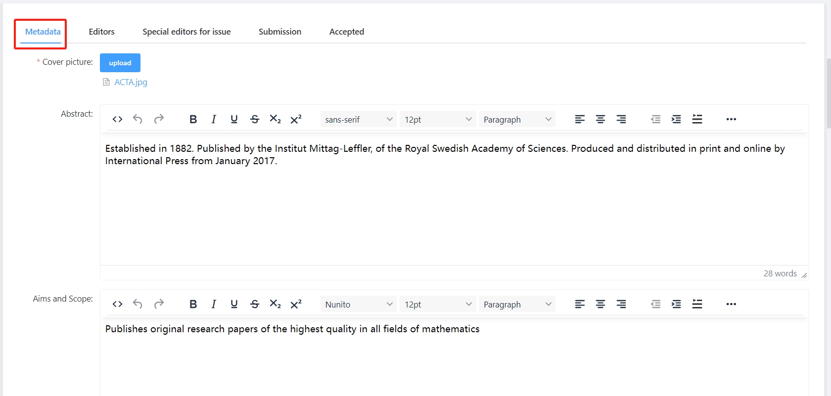 Journal Addition-Metadata tab