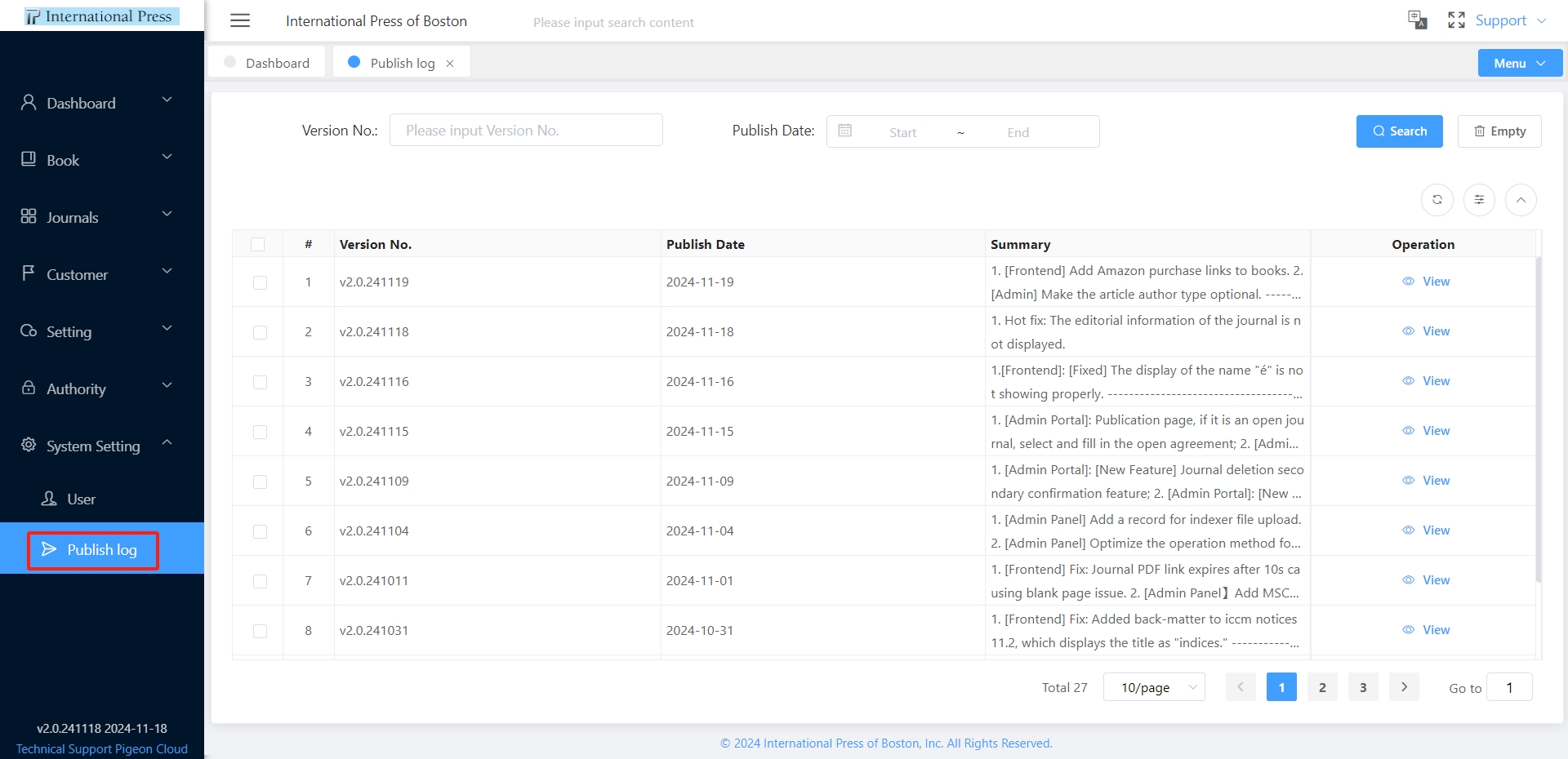 Publish Log
